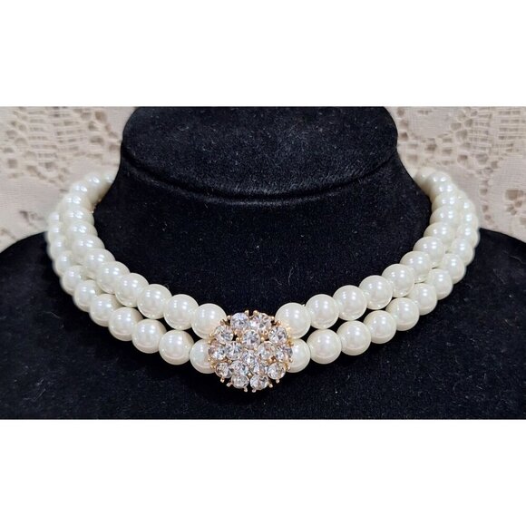 NWT Charter Club Choker Necklace Faux Pearl & Rhinestone 3-Strand New - Picture 1 of 5